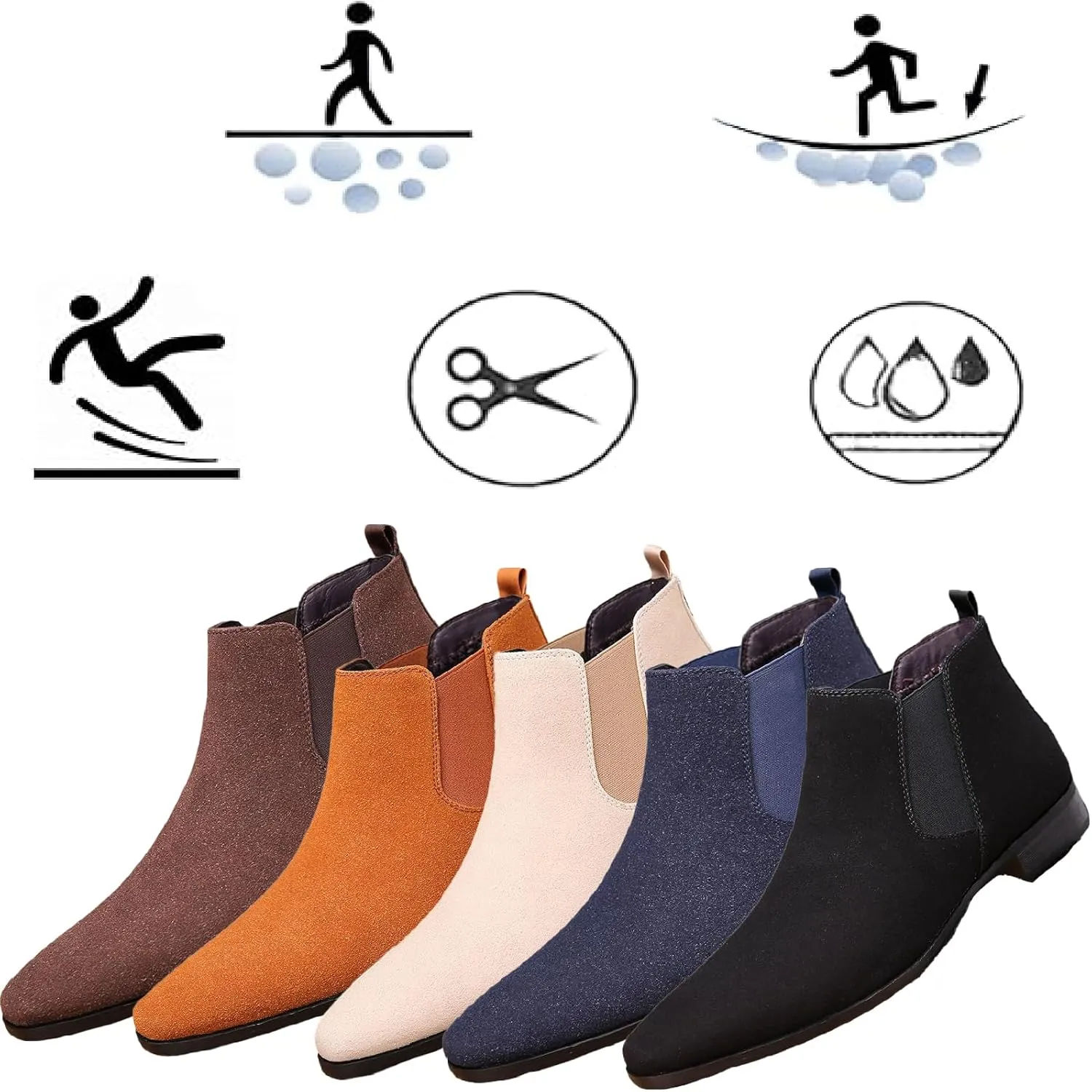 Men'S Suede Chunky Low Heel Chelsea Boots Classic Comfort Pointed Toe Slip On Anti-Slip Formal Business Low Heel Ankle Boots with Side Elastic Panels
