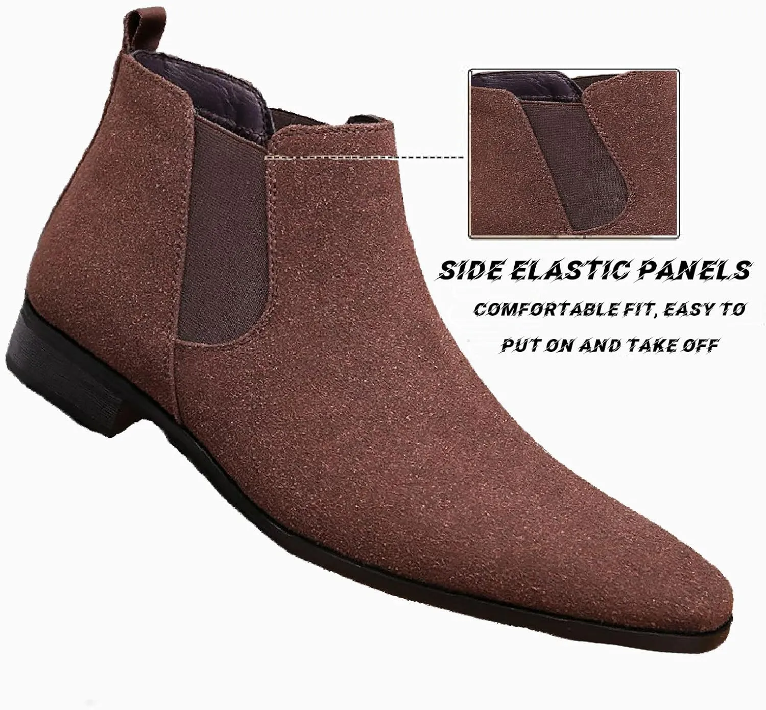 Men'S Suede Chunky Low Heel Chelsea Boots Classic Comfort Pointed Toe Slip On Anti-Slip Formal Business Low Heel Ankle Boots with Side Elastic Panels