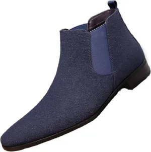 Men'S Suede Chunky Low Heel Chelsea Boots Classic Comfort Pointed Toe Slip On Anti-Slip Formal Business Low Heel Ankle Boots with Side Elastic Panels