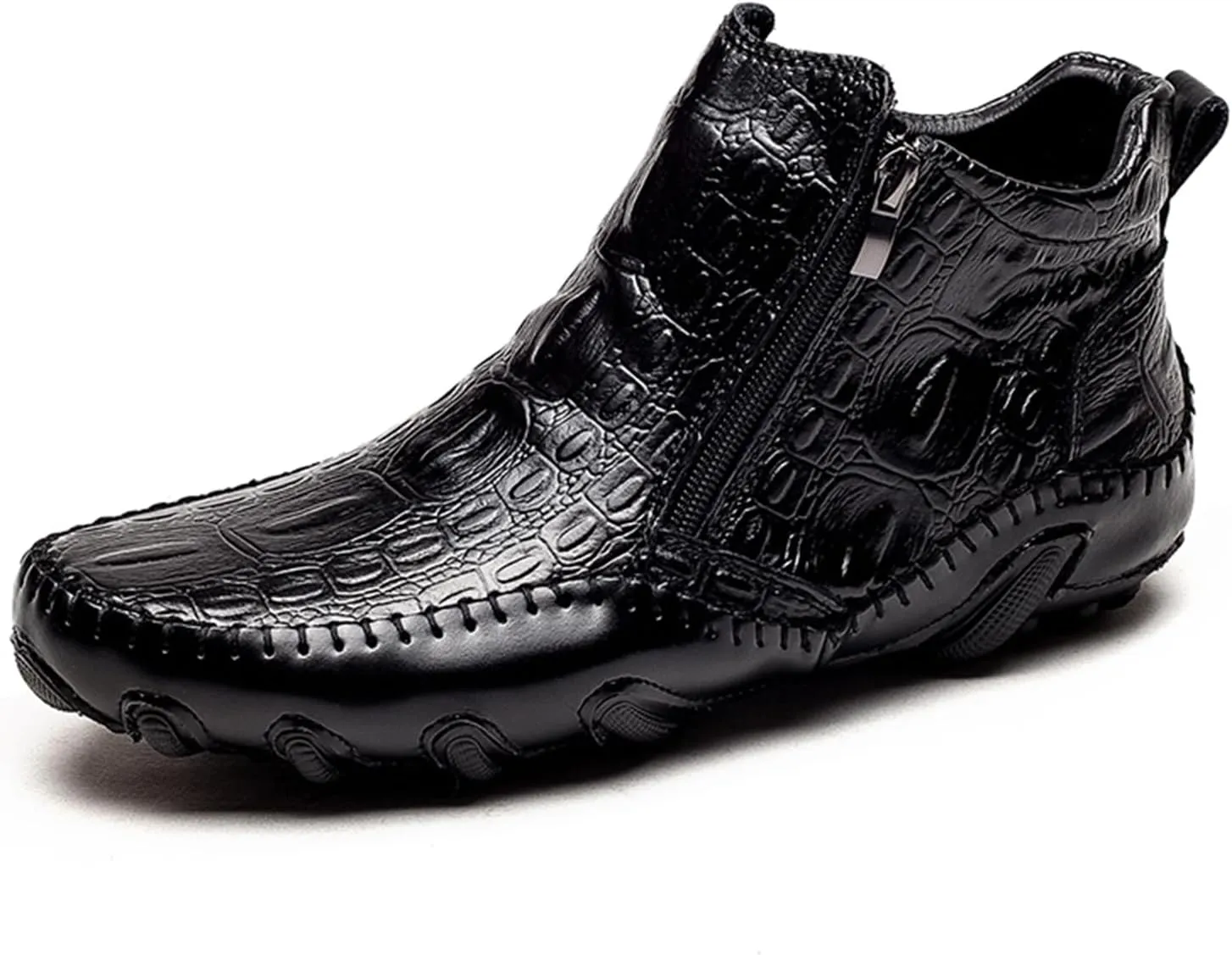 Mens Winter Chelsea Boots Side Zipper Ankle Dress Formal Boots Fashion Crocodile Pattern Outdoor Non-Slip High-Top Fur Lined Ankle Boots For Men