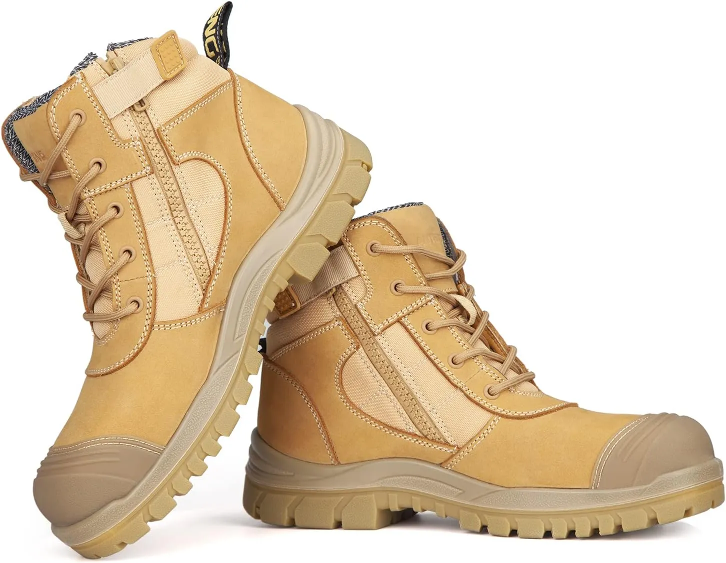 Men's Work Boots, Nubuck Leather Steel Toes Work Shoes, YKK Zipper, 6 Inch, SD, Anti-Puncture (AT501, Wheat)