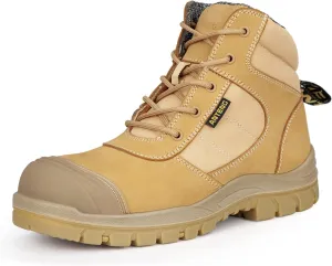 Men's Work Boots, Nubuck Leather Steel Toes Work Shoes, YKK Zipper, 6 Inch, SD, Anti-Puncture (AT501, Wheat)