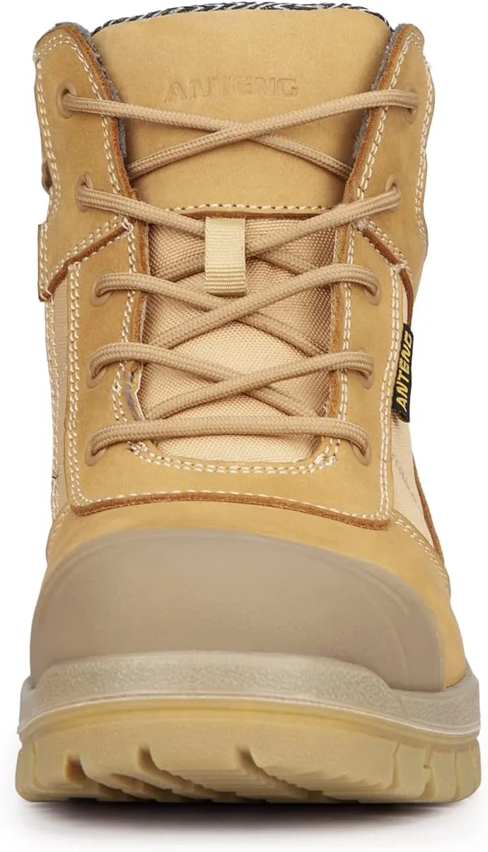 Men's Work Boots, Nubuck Leather Steel Toes Work Shoes, YKK Zipper, 6 Inch, SD, Anti-Puncture (AT501, Wheat)