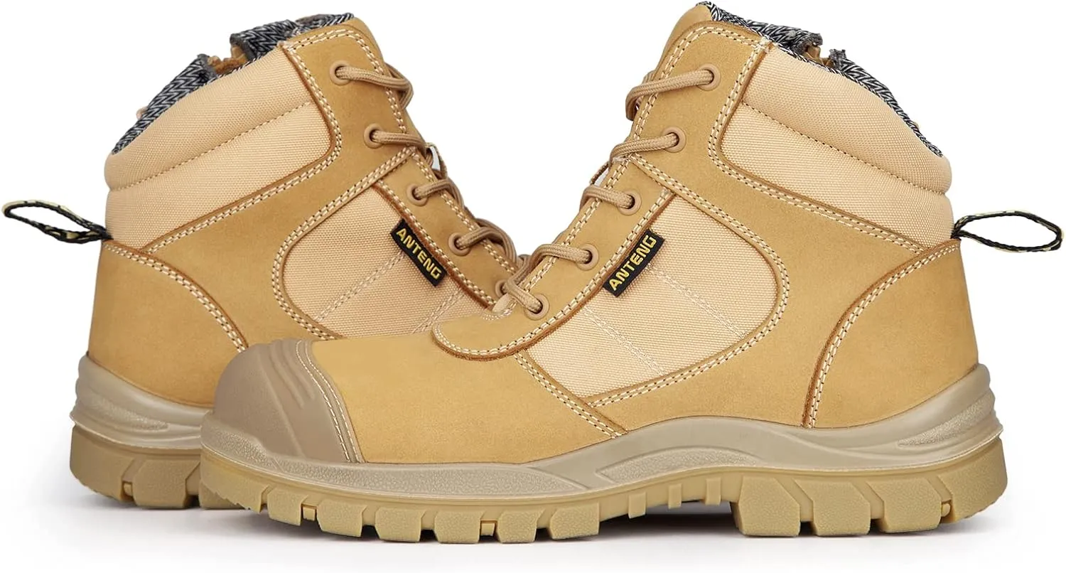 Men's Work Boots, Nubuck Leather Steel Toes Work Shoes, YKK Zipper, 6 Inch, SD, Anti-Puncture (AT501, Wheat)