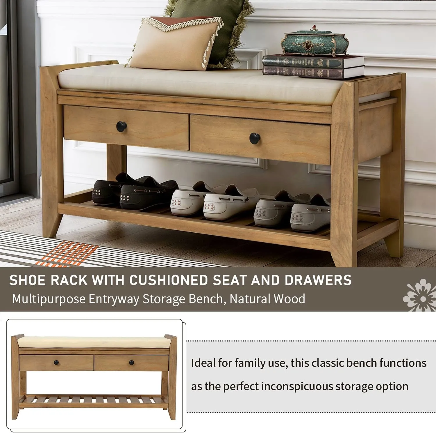 Merax Shoe Rack with Cushioned Seat, Shoe Bench Shoe Organizer with 2 Storage Drawers, Entryway Storage Bench for Entryway or Hallway, Old Pine