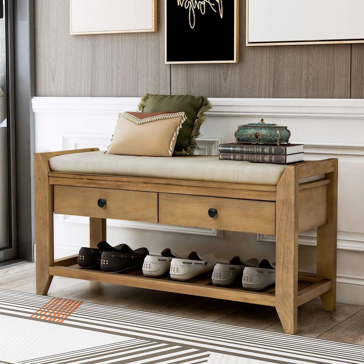 Merax Shoe Rack with Cushioned Seat, Shoe Bench Shoe Organizer with 2 Storage Drawers, Entryway Storage Bench for Entryway or Hallway, Old Pine