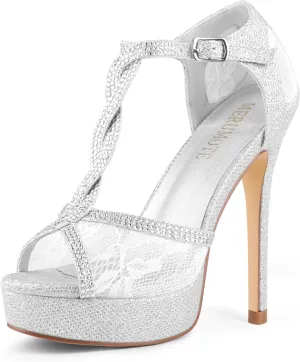 MEROMOTE Women's Peep Toe Platform 5 inch Stiletto Heels Ankle Strap Lace Heels Sexy Prom Shoes