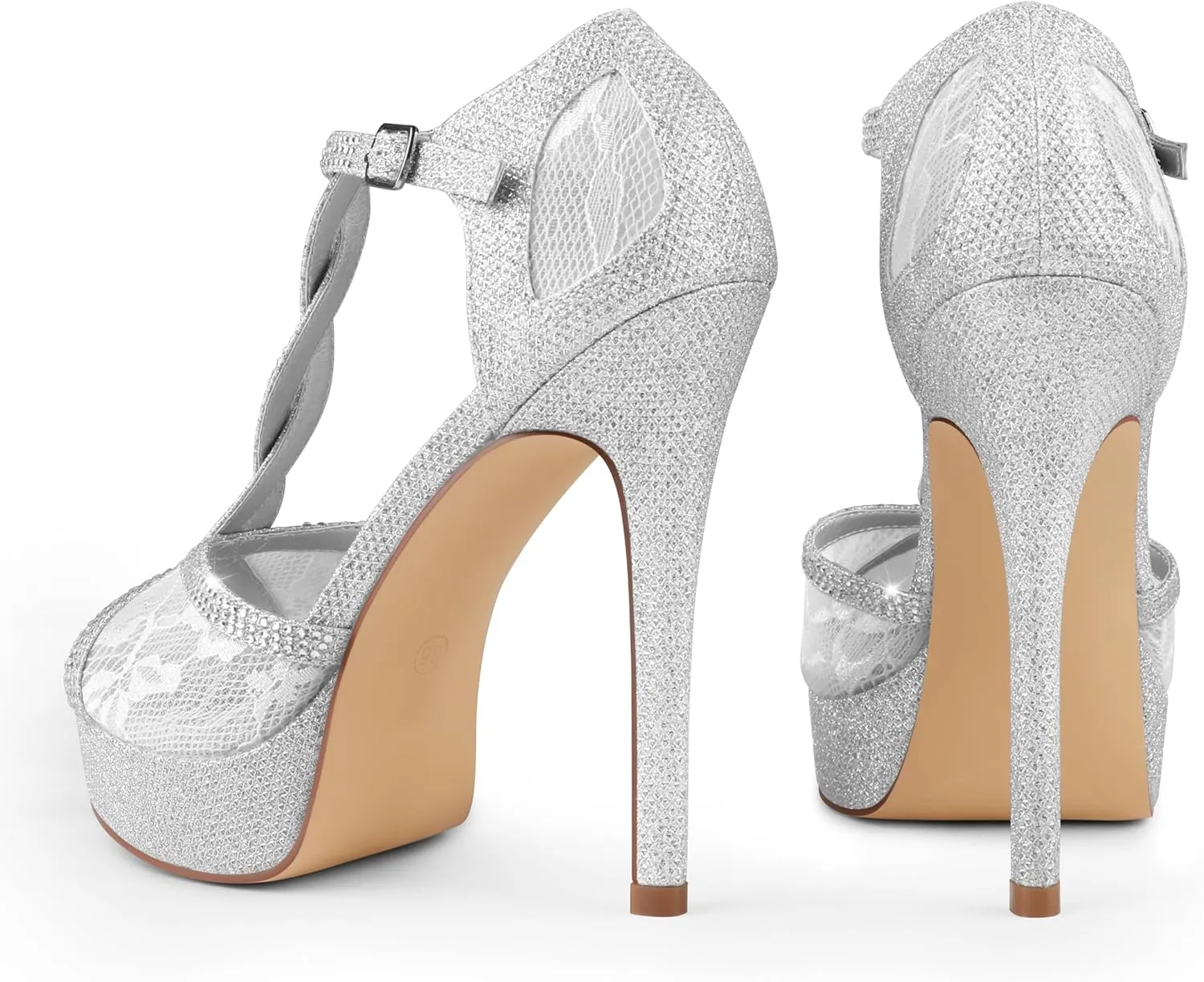 MEROMOTE Women's Peep Toe Platform 5 inch Stiletto Heels Ankle Strap Lace Heels Sexy Prom Shoes