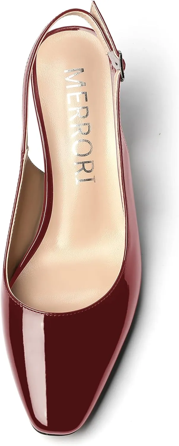 MERRORI Women's Slingback Stiletto Mid Heel Pumps Shoes Square Toe Patent Dess Shoes Womens Pumps 2.5 Inch