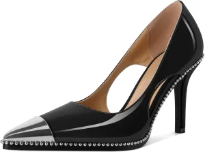 Mettesally Stiletto Heels Beaded Pumps for Women Sliver Cap Pointed Toe Pumps Sexy Cut Out High Heels for Women Dressy Causal 3.5 Inch