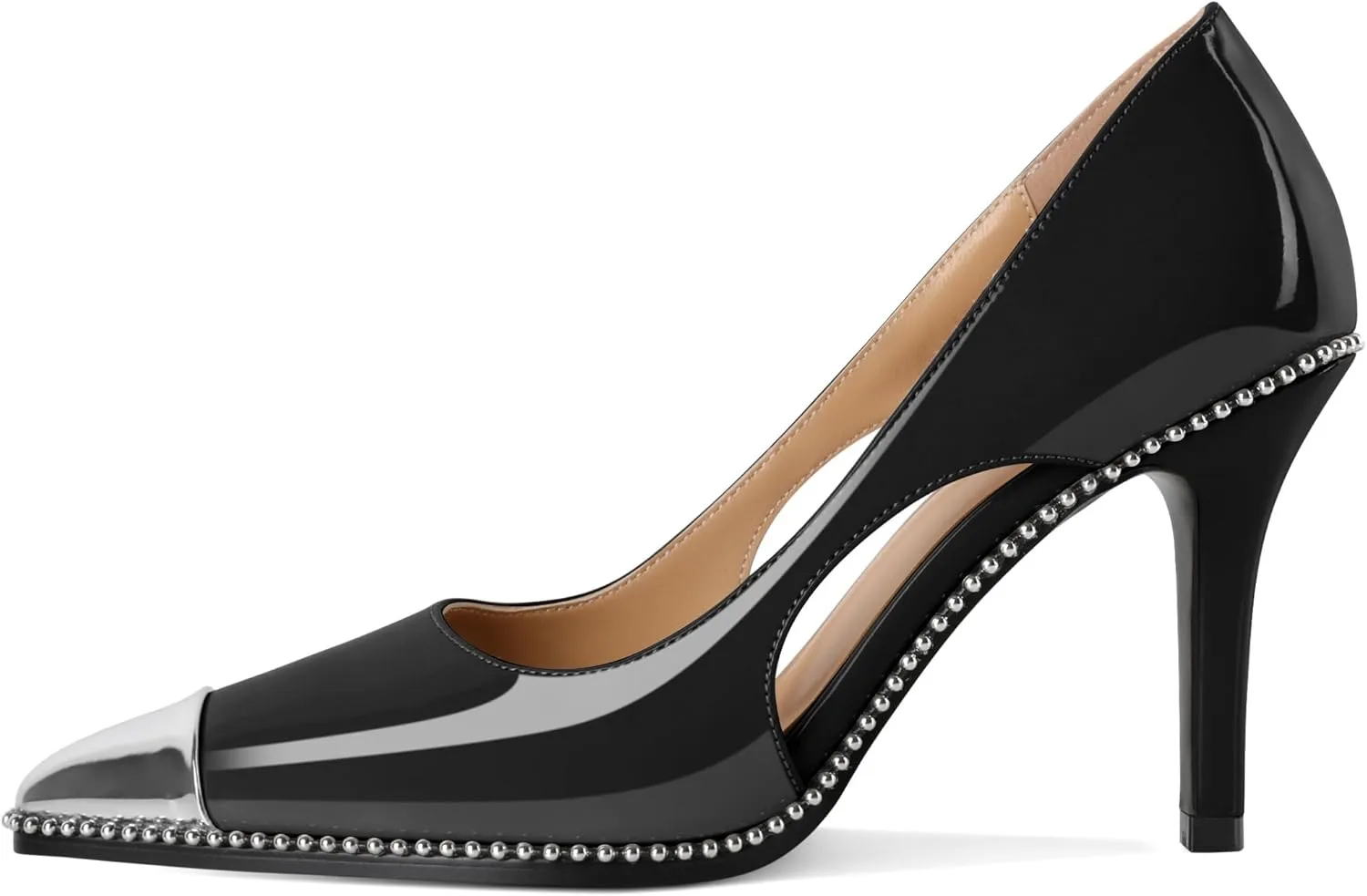Mettesally Stiletto Heels Beaded Pumps for Women Sliver Cap Pointed Toe Pumps Sexy Cut Out High Heels for Women Dressy Causal 3.5 Inch