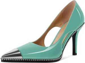 Mettesally Stiletto Heels Beaded Pumps for Women Sliver Cap Pointed Toe Pumps Sexy Cut Out High Heels for Women Dressy Causal 3.5 Inch