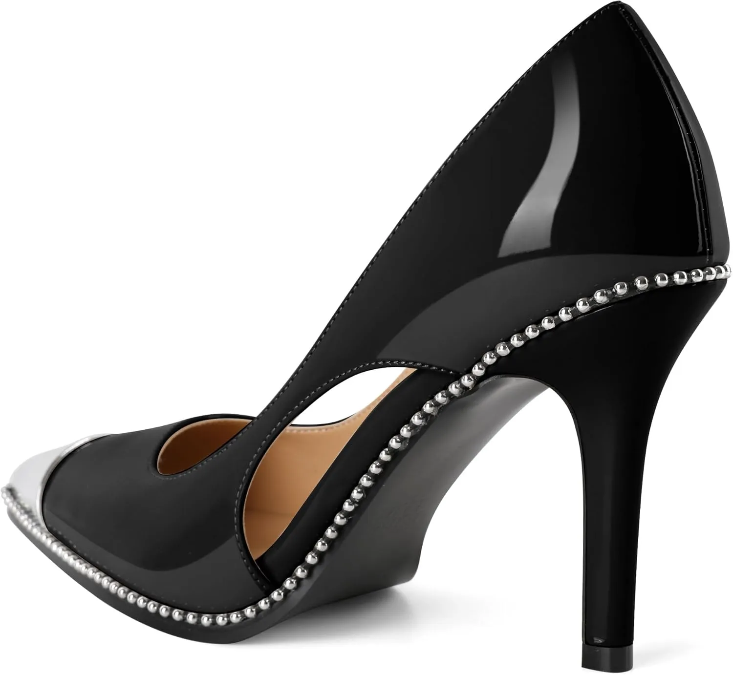 Mettesally Stiletto Heels Beaded Pumps for Women Sliver Cap Pointed Toe Pumps Sexy Cut Out High Heels for Women Dressy Causal 3.5 Inch