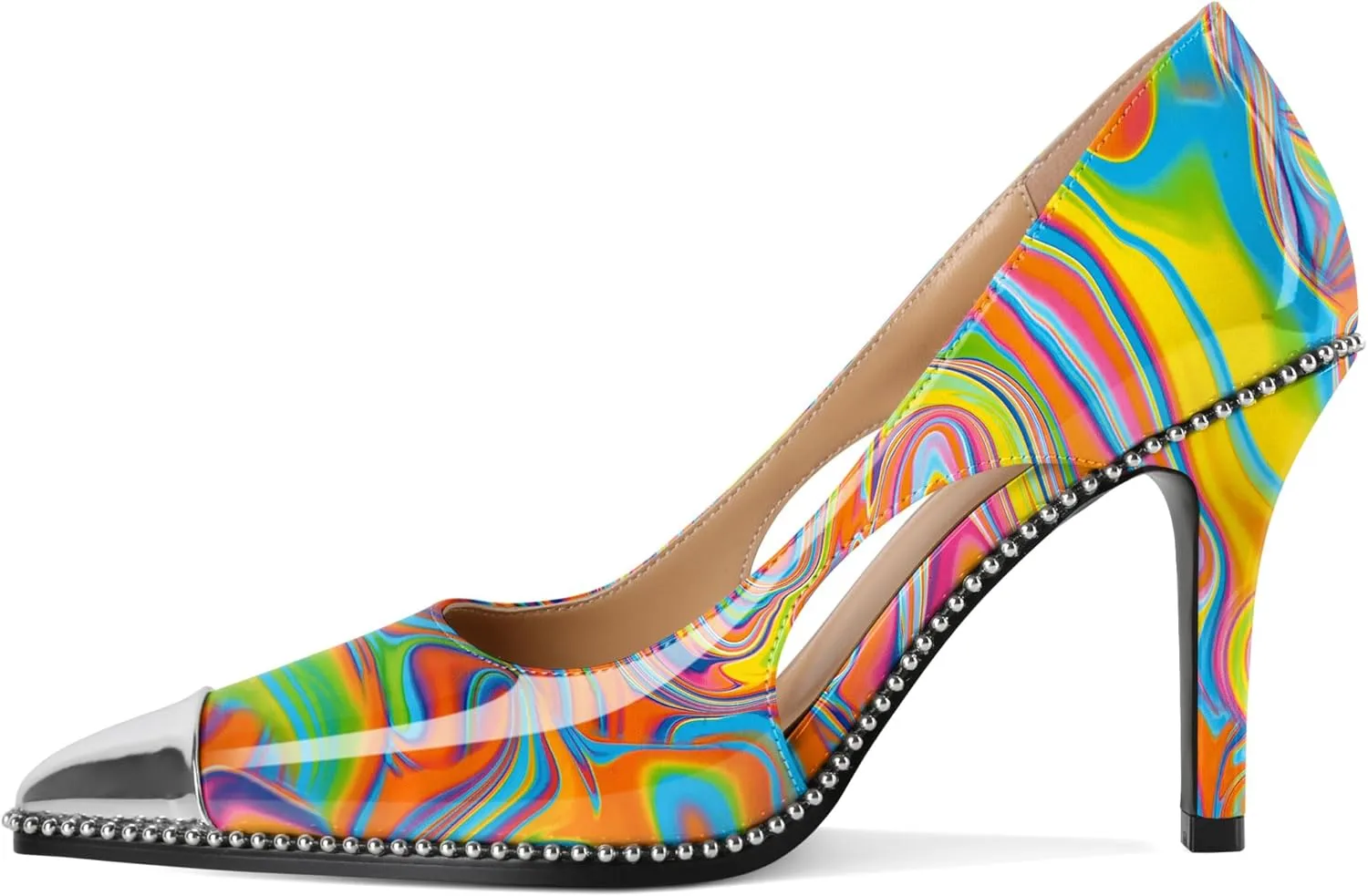 Mettesally Stiletto Heels Beaded Pumps for Women Sliver Cap Pointed Toe Pumps Sexy Cut Out High Heels for Women Dressy Causal 3.5 Inch