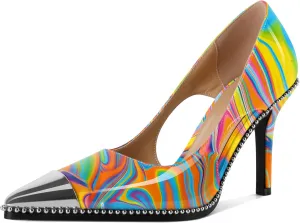 Mettesally Stiletto Heels Beaded Pumps for Women Sliver Cap Pointed Toe Pumps Sexy Cut Out High Heels for Women Dressy Causal 3.5 Inch