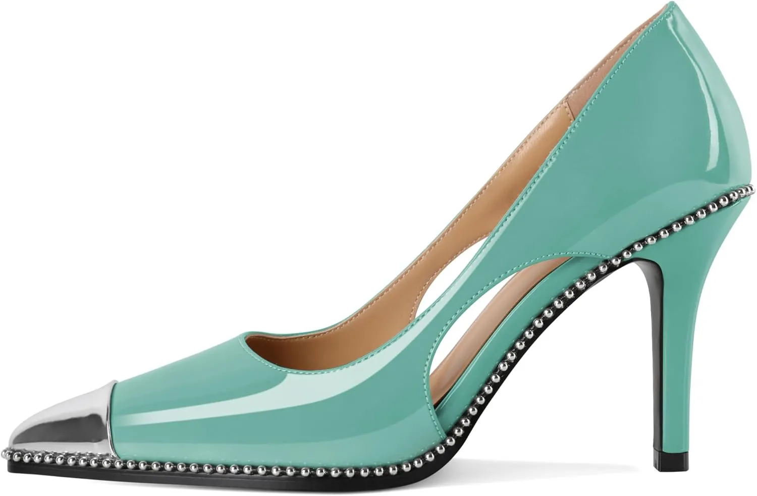 Mettesally Stiletto Heels Beaded Pumps for Women Sliver Cap Pointed Toe Pumps Sexy Cut Out High Heels for Women Dressy Causal 3.5 Inch