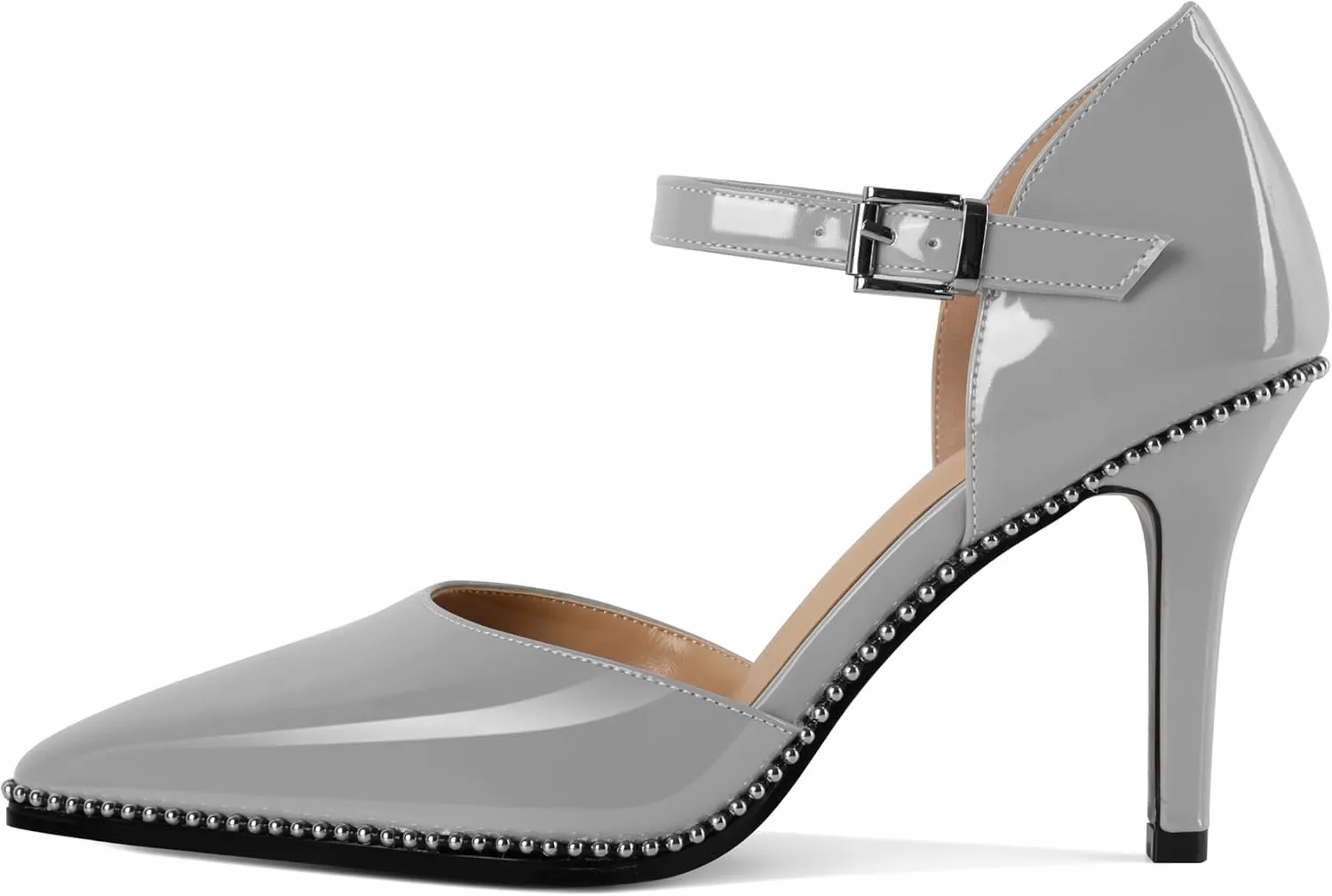 Mettesally Women High Heels Closed Pointed Toe Heels Stilettos Beaded Pumps Ankle Strap Women Pumps Shoes 3.5 Inch