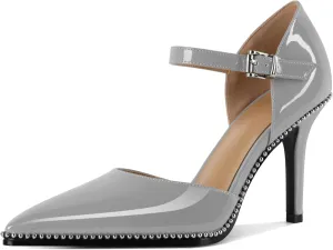 Mettesally Women High Heels Closed Pointed Toe Heels Stilettos Beaded Pumps Ankle Strap Women Pumps Shoes 3.5 Inch