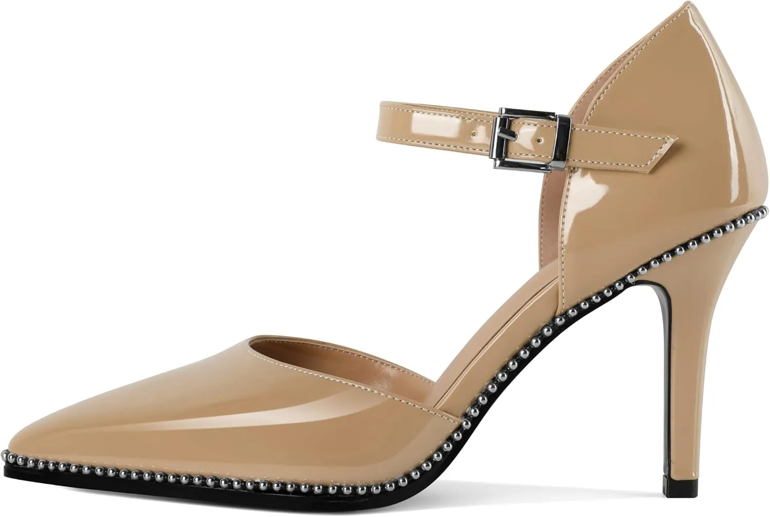 Mettesally Women High Heels Closed Pointed Toe Heels Stilettos Beaded Pumps Ankle Strap Women Pumps Shoes 3.5 Inch