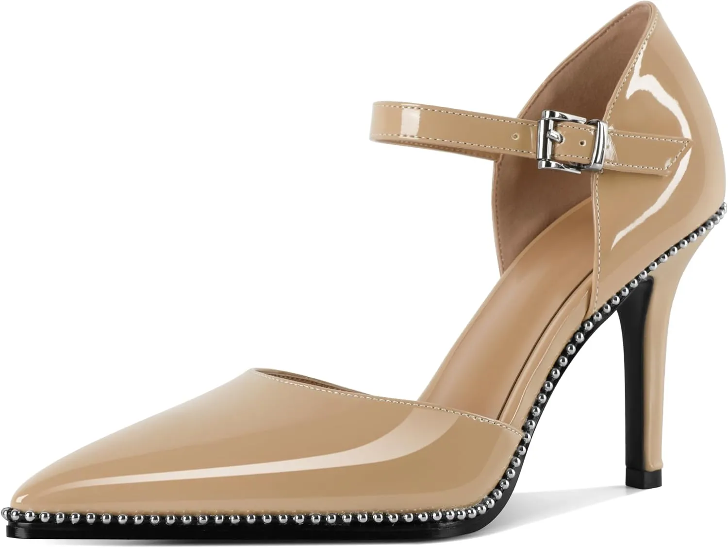 Mettesally Women High Heels Closed Pointed Toe Heels Stilettos Beaded Pumps Ankle Strap Women Pumps Shoes 3.5 Inch