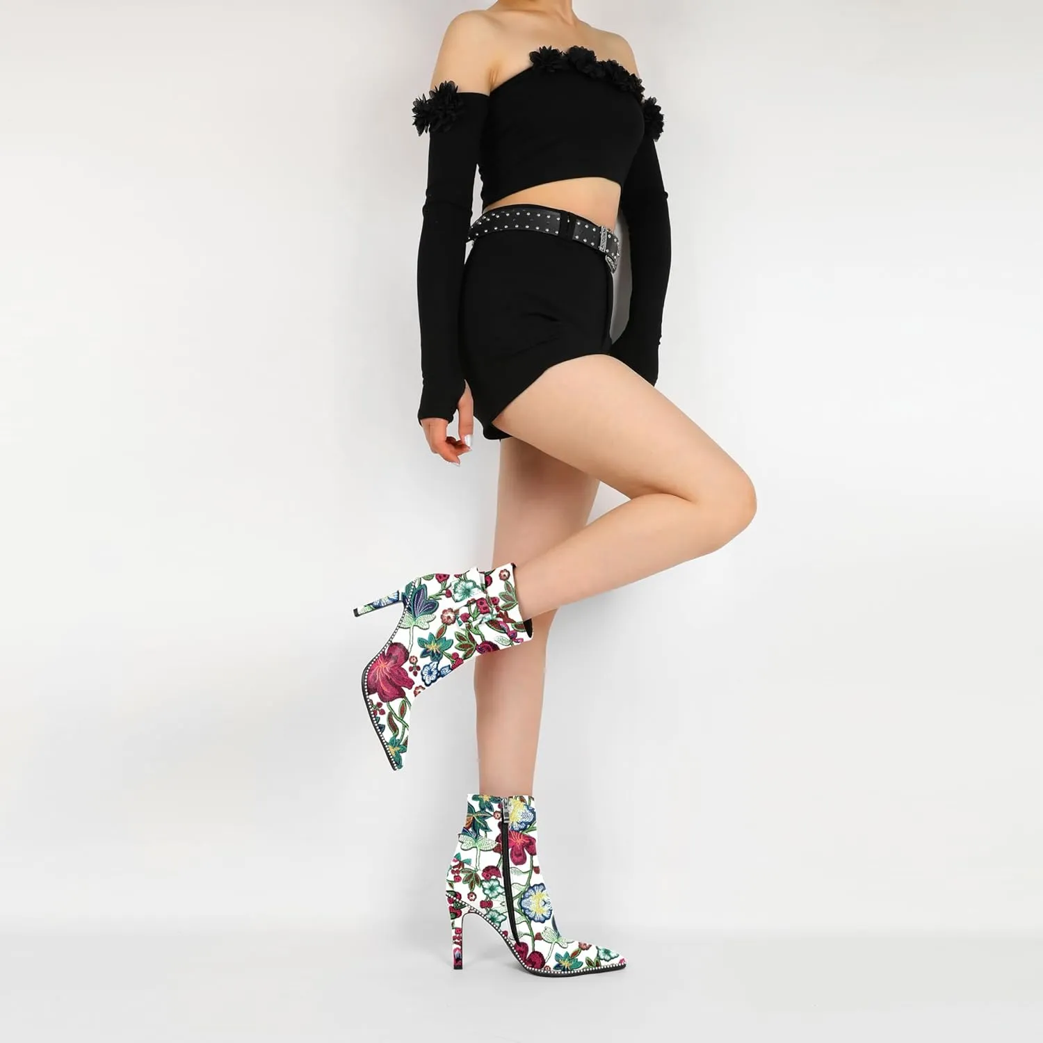 Mettesally Womens Ankle Boots Pointed Toe High Heel Stiletto Beaded Boots for Women Size Zipper Fall Booties 3.8 Inches