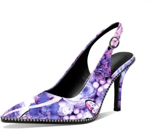 Mettesally Women's Beaded Slingback Pumps Stilettos Heels Closed Pointed Toe Fashion Dress Shoes 3.5 Inches