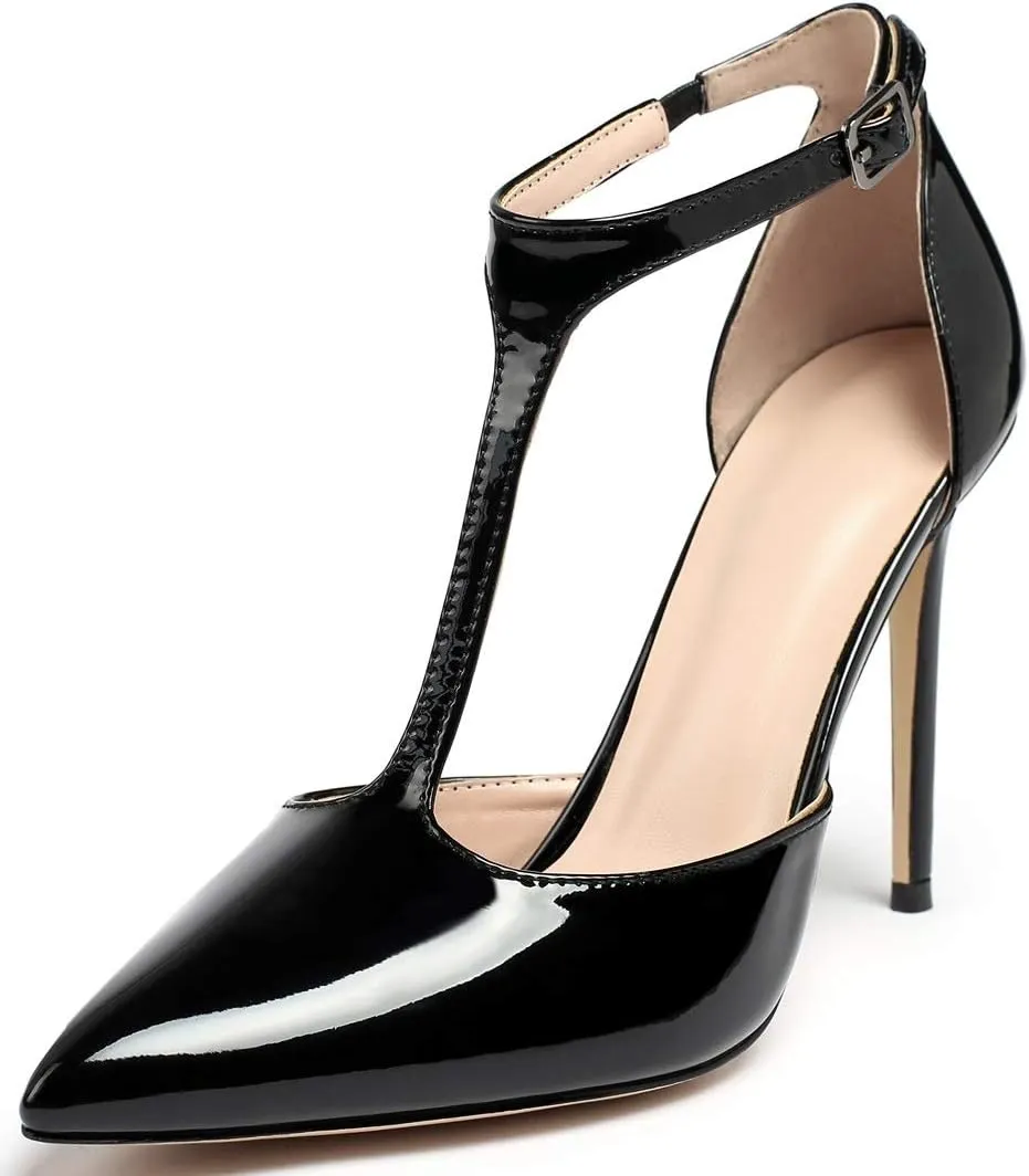 Mettesally Women's High Heels Pointed Toe T-Strap Pumps Ankle Strap Stilettos Mary Jane D'Orsay Sexy Wedding Party Sandals Shoes