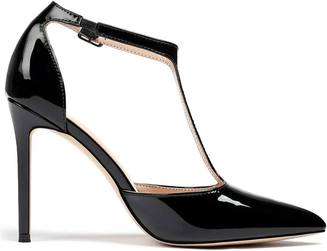 Mettesally Women's High Heels Pointed Toe T-Strap Pumps Ankle Strap Stilettos Mary Jane D'Orsay Sexy Wedding Party Sandals Shoes