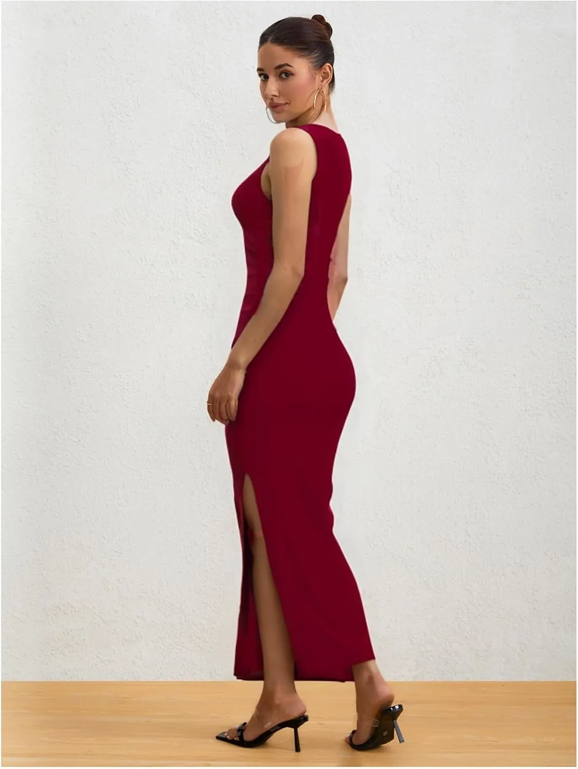 Milumia Women's Sleeveless Boat Neck Ruched Bodycon Maxi Dress Cocktail Long Dresses Elegant