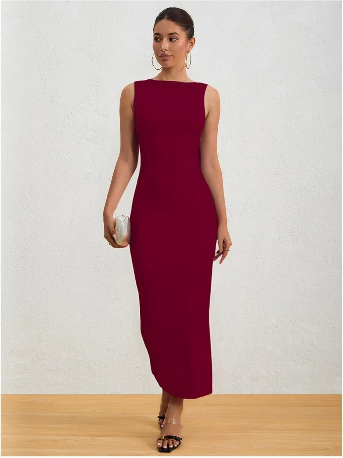 Milumia Women's Sleeveless Boat Neck Ruched Bodycon Maxi Dress Cocktail Long Dresses Elegant
