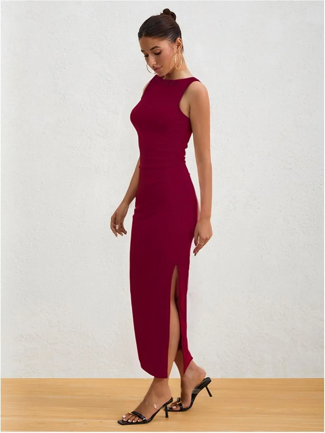 Milumia Women's Sleeveless Boat Neck Ruched Bodycon Maxi Dress Cocktail Long Dresses Elegant