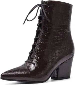 MIOKE Women's Western Chelsea Ankle Boots Pointed Toe Lace Up Zipper Chunky High Heel Dressy Short Booties