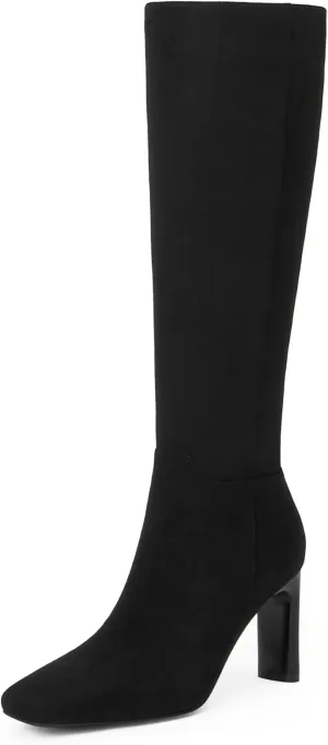 Modatope Knee High Black Boots Women Square Toe Chunky Heel Tall Suede Boots Womens Fashion Long Boots Size 7