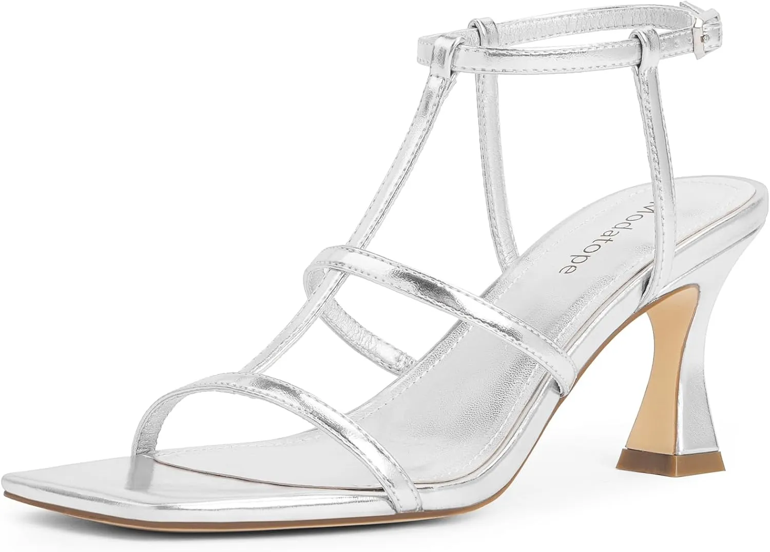 Modatope Strappy Sandals Women Square Toe Ankle Strap Kitten Stiletto Heeled Sandals Open Toe T-Strap Gladiator Sandals
