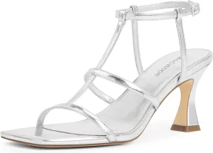 Modatope Strappy Sandals Women Square Toe Ankle Strap Kitten Stiletto Heeled Sandals Open Toe T-Strap Gladiator Sandals