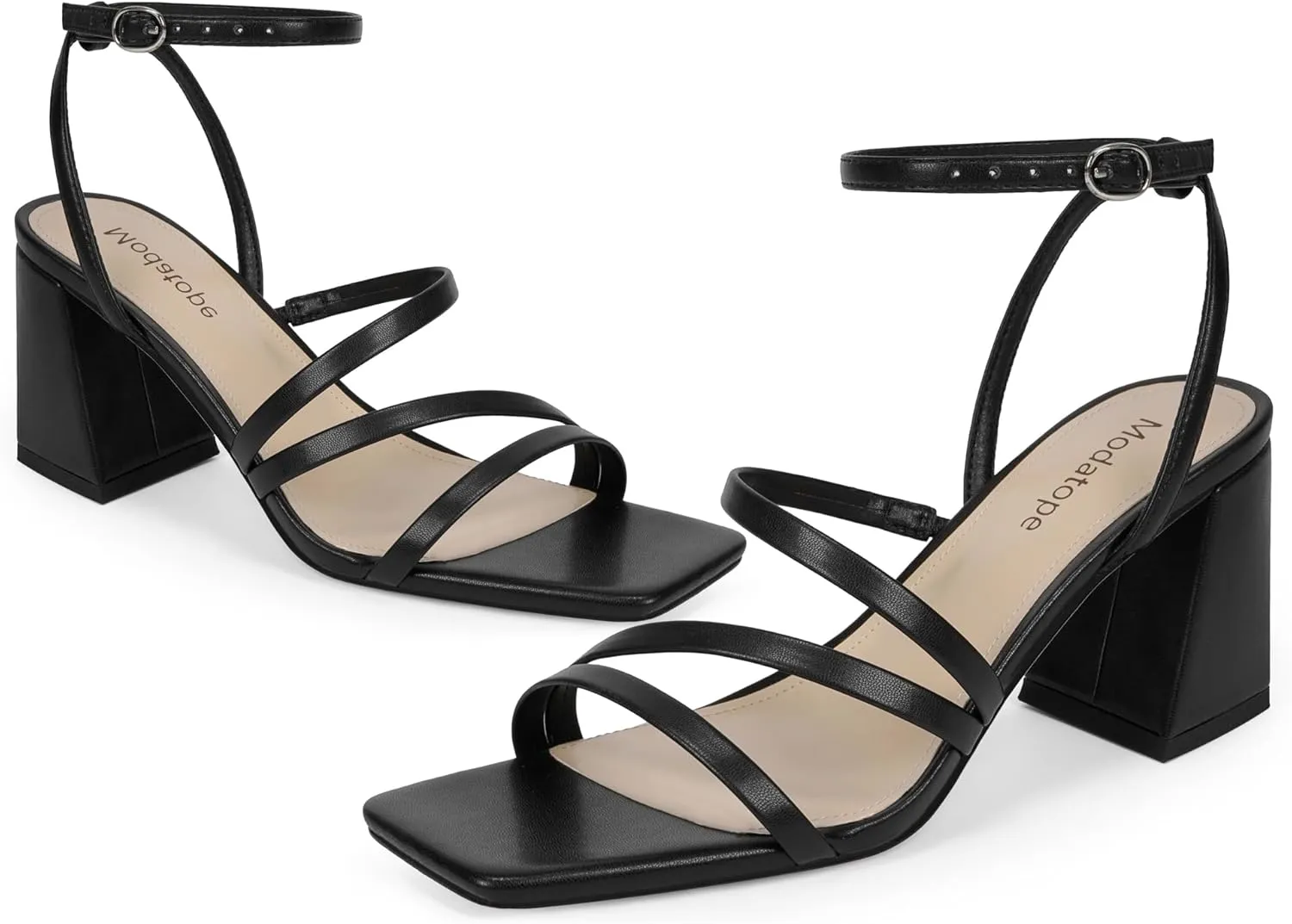 Modatope Women Heeled Sandals Strappy Heels Square Open Toe Chunky Block Heels Ankle Strap Sandals for Women Comfortable Heels