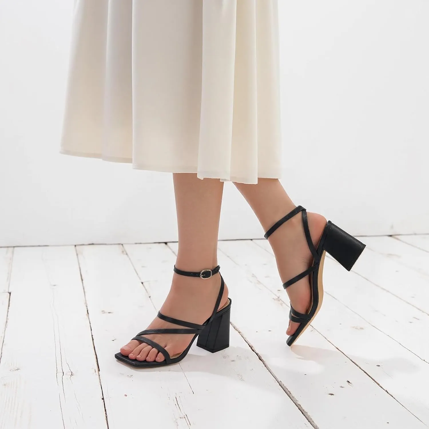 Modatope Women Heeled Sandals Strappy Heels Square Open Toe Chunky Block Heels Ankle Strap Sandals for Women Comfortable Heels