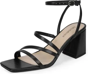 Modatope Women Heeled Sandals Strappy Heels Square Open Toe Chunky Block Heels Ankle Strap Sandals for Women Comfortable Heels