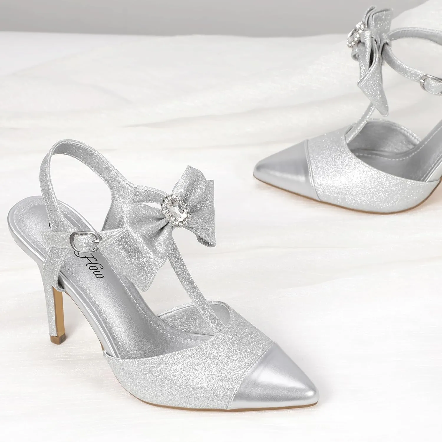 Mofri ShowHow Womens High Heels Closed Splicing Pointed Toe Stiletto Bow Tie Slingback Heeled Shoes Ankle Strap Wedding Pumps Bridal Party Work Dress Shoes