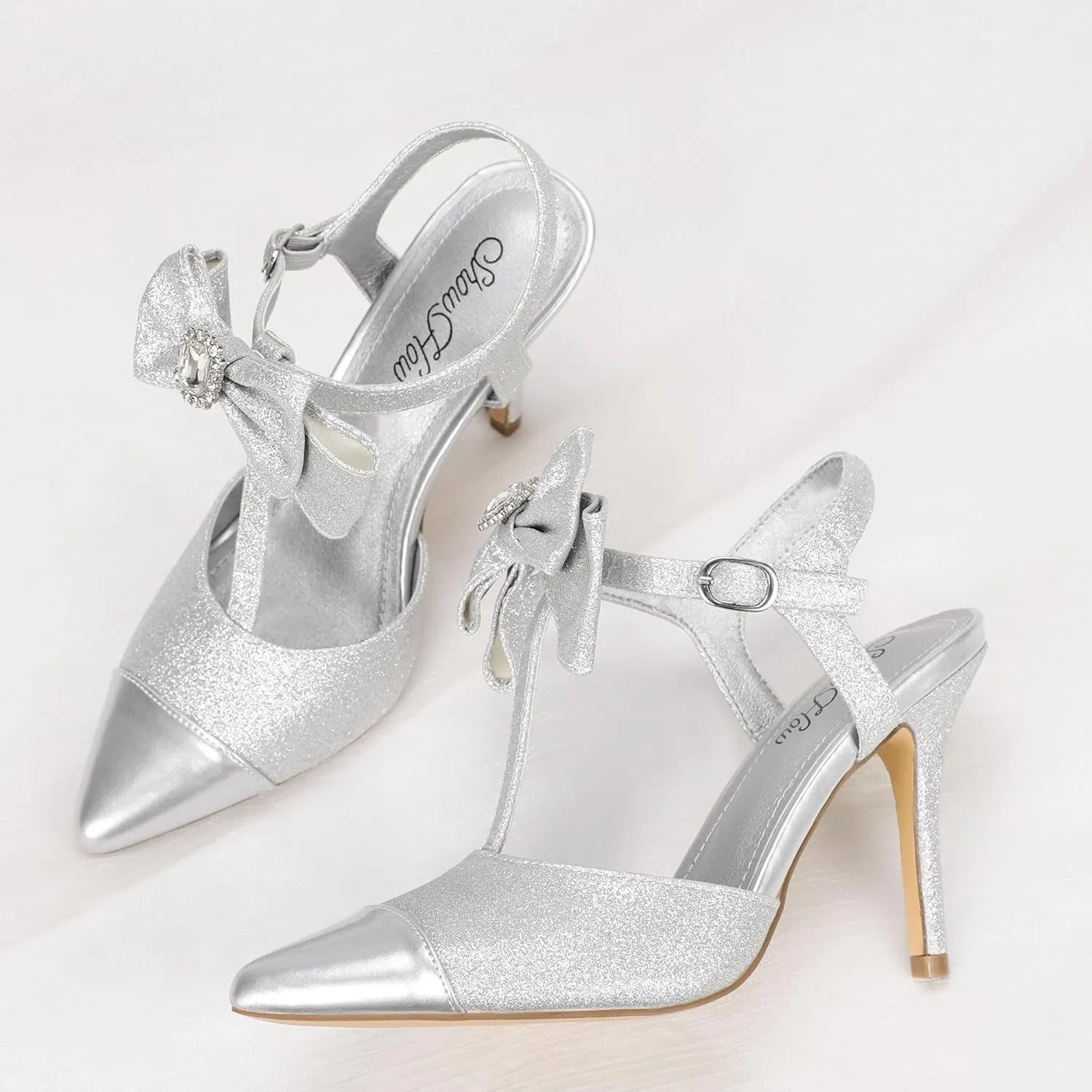 Mofri ShowHow Womens High Heels Closed Splicing Pointed Toe Stiletto Bow Tie Slingback Heeled Shoes Ankle Strap Wedding Pumps Bridal Party Work Dress Shoes