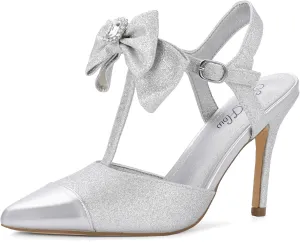Mofri ShowHow Womens High Heels Closed Splicing Pointed Toe Stiletto Bow Tie Slingback Heeled Shoes Ankle Strap Wedding Pumps Bridal Party Work Dress Shoes