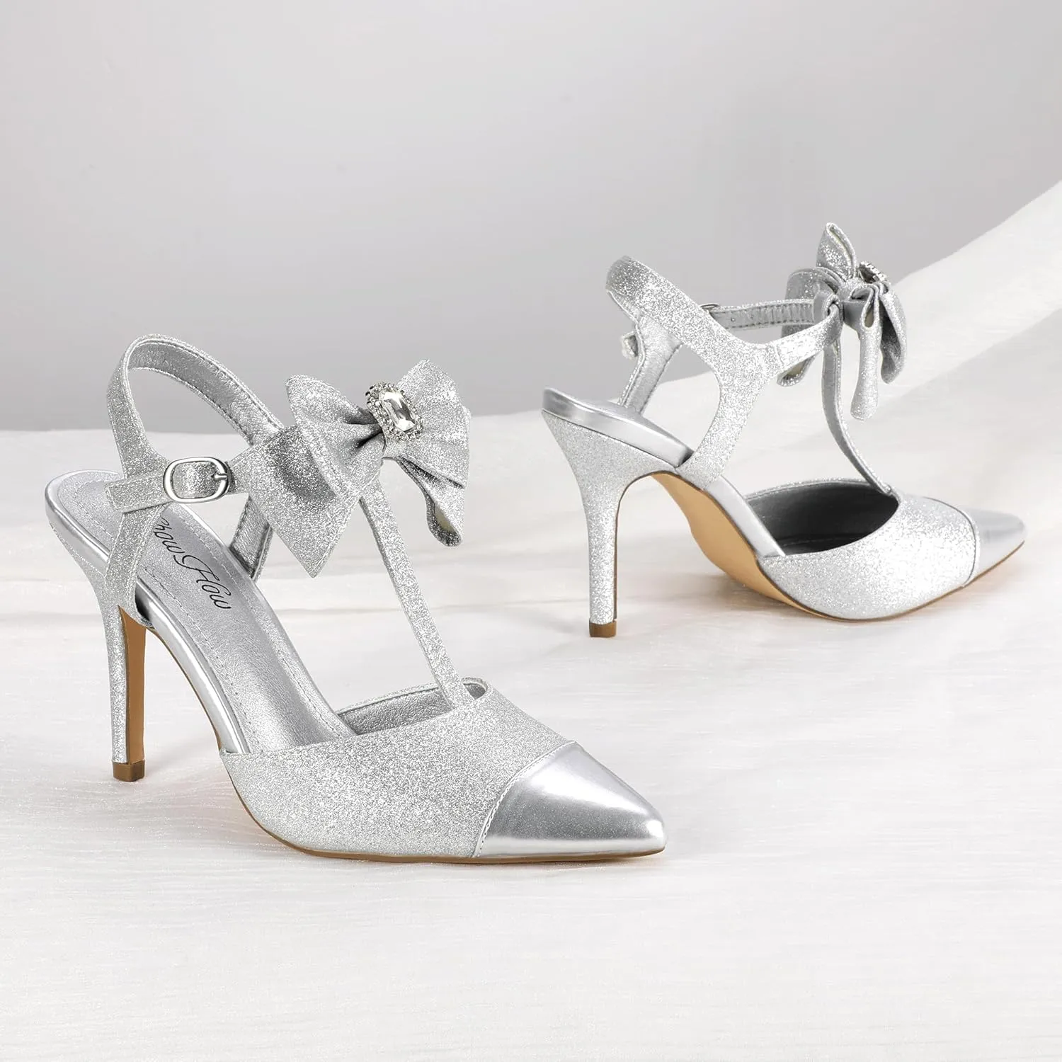 Mofri ShowHow Womens High Heels Closed Splicing Pointed Toe Stiletto Bow Tie Slingback Heeled Shoes Ankle Strap Wedding Pumps Bridal Party Work Dress Shoes