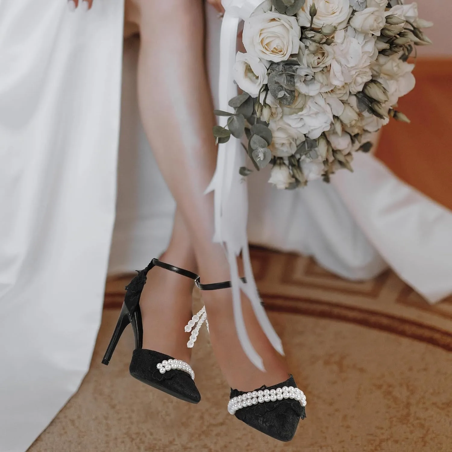 Mofri ShowHow Women's High Heels Stiletto Closed Pointed Toe Heels Pearl Lace Wedding Shoes Ankle Strap Pumps Bridal Party Wedding Dress Shoes