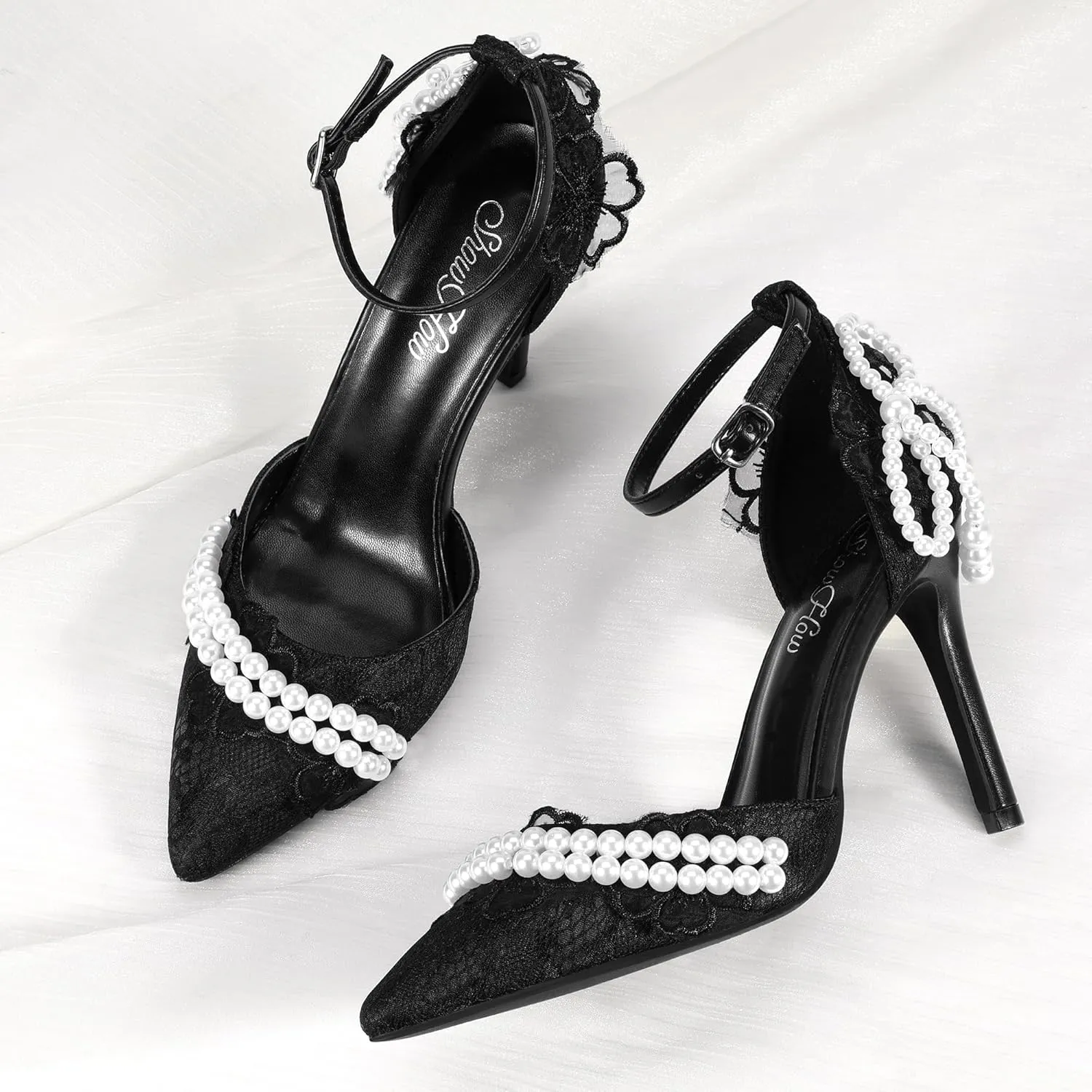 Mofri ShowHow Women's High Heels Stiletto Closed Pointed Toe Heels Pearl Lace Wedding Shoes Ankle Strap Pumps Bridal Party Wedding Dress Shoes