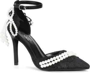 Mofri ShowHow Women's High Heels Stiletto Closed Pointed Toe Heels Pearl Lace Wedding Shoes Ankle Strap Pumps Bridal Party Wedding Dress Shoes