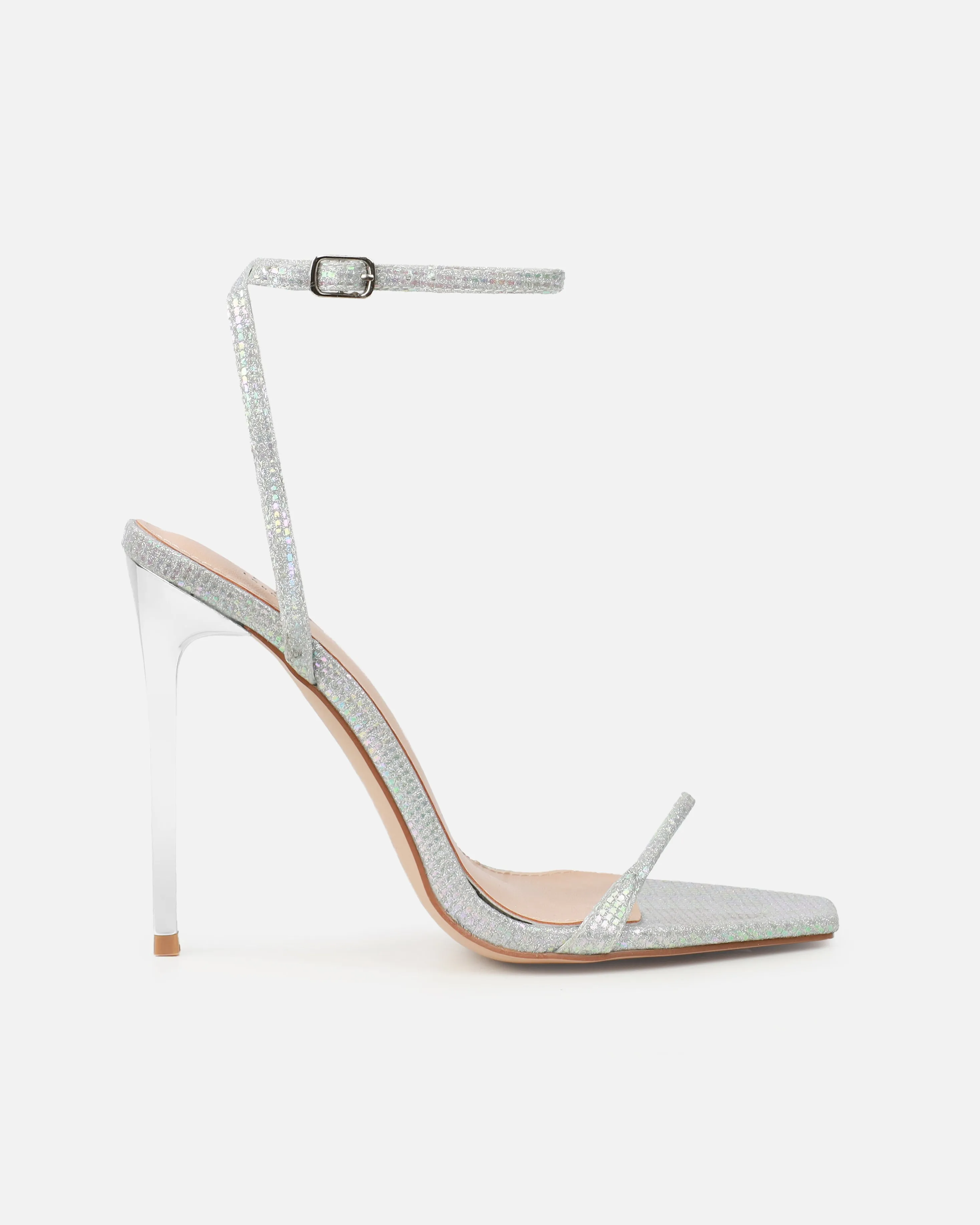 Moon Silver Shimmer Stiletto Heeled Sandals