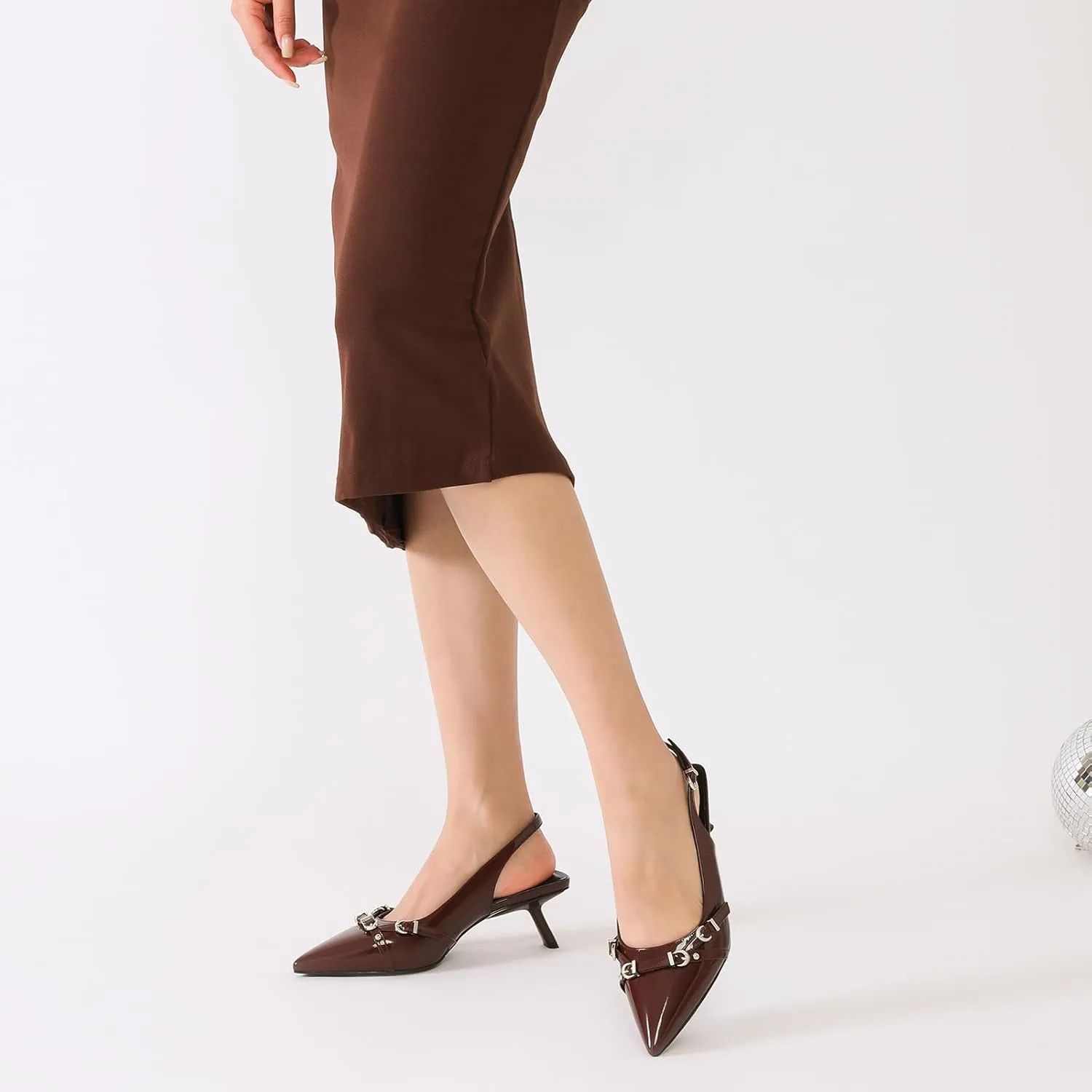 Mostrin Kitten Heels for Women Pointed Toe Pumps Patent Leather Low Heel Slingback Heels with Buckle Dress Shoes for Dating Party Working