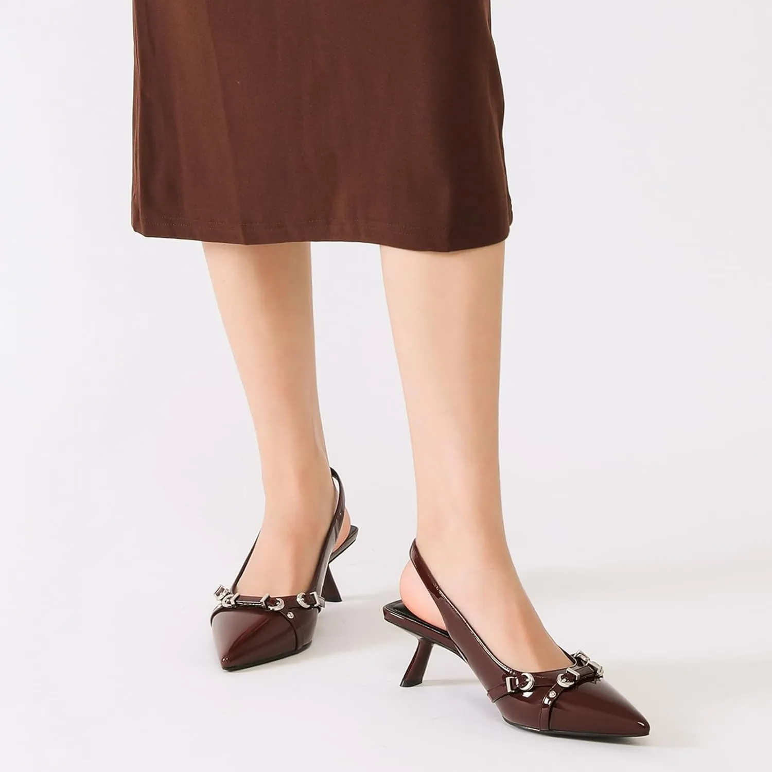 Mostrin Kitten Heels for Women Pointed Toe Pumps Patent Leather Low Heel Slingback Heels with Buckle Dress Shoes for Dating Party Working