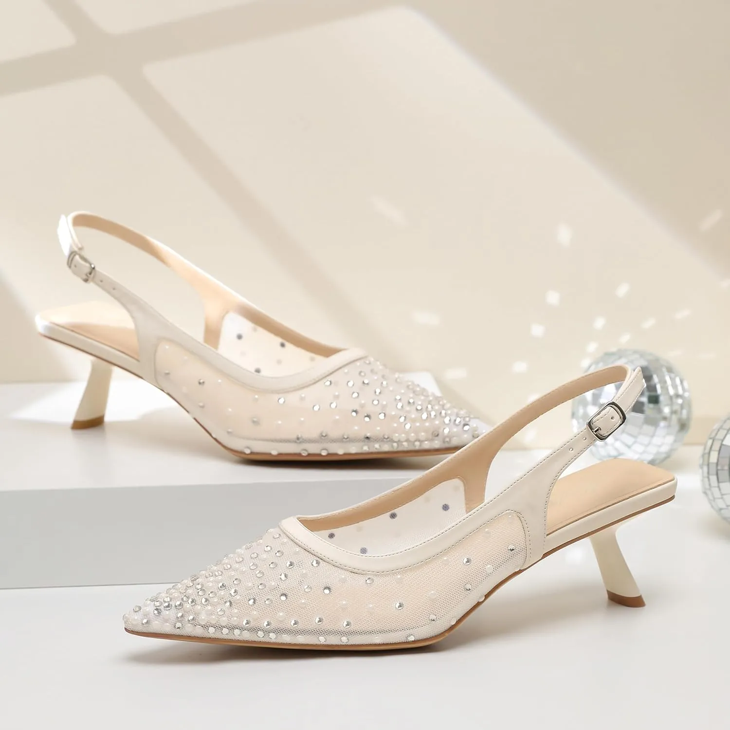 Mostrin Kitten Heels for Women Pointed Toe Pumps Patent Leather Low Heel Slingback Heels with Buckle Dress Shoes for Dating Party Working