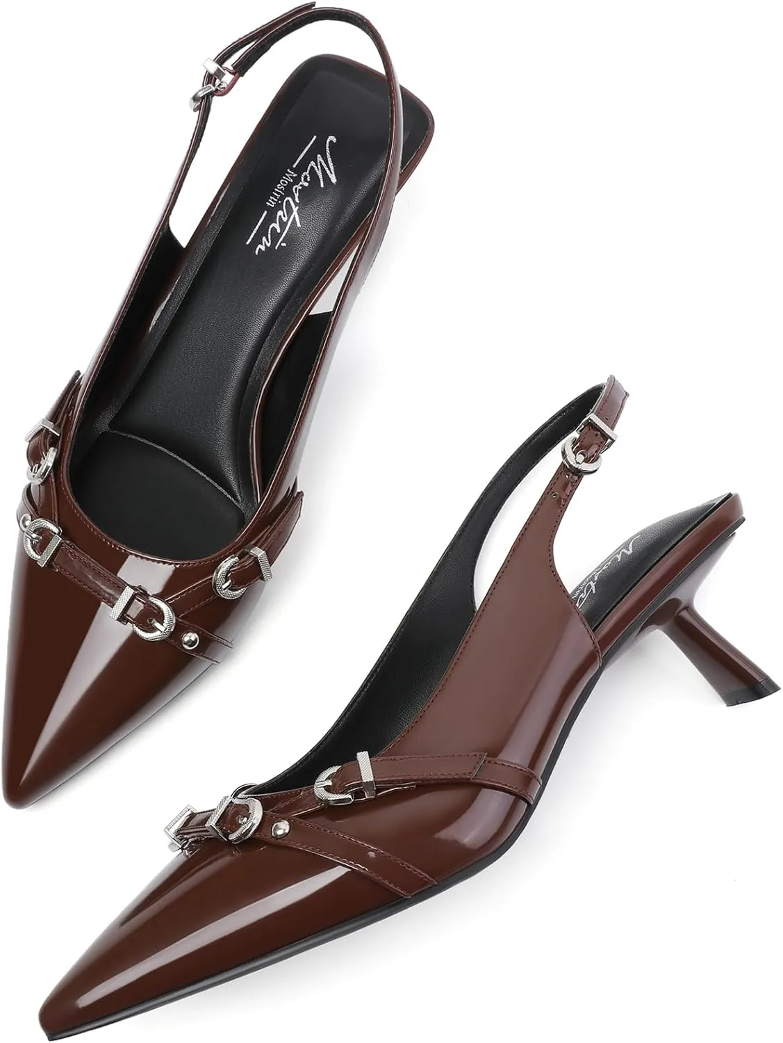 Mostrin Kitten Heels for Women Pointed Toe Pumps Patent Leather Low Heel Slingback Heels with Buckle Dress Shoes for Dating Party Working